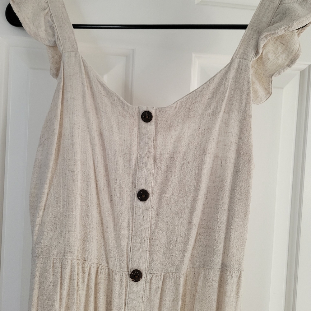 Beige Button-Up Dress with Ruffle Sleeves
